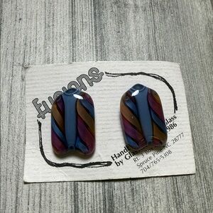 Fusions Women's Handblown Glass Stud Earrings Blue & Pink NWT